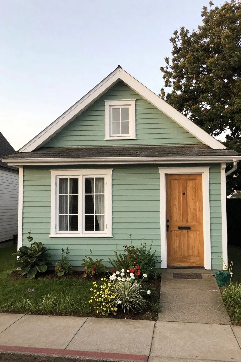 Small sage green house with white trim, wooden front door, and front yard plantings