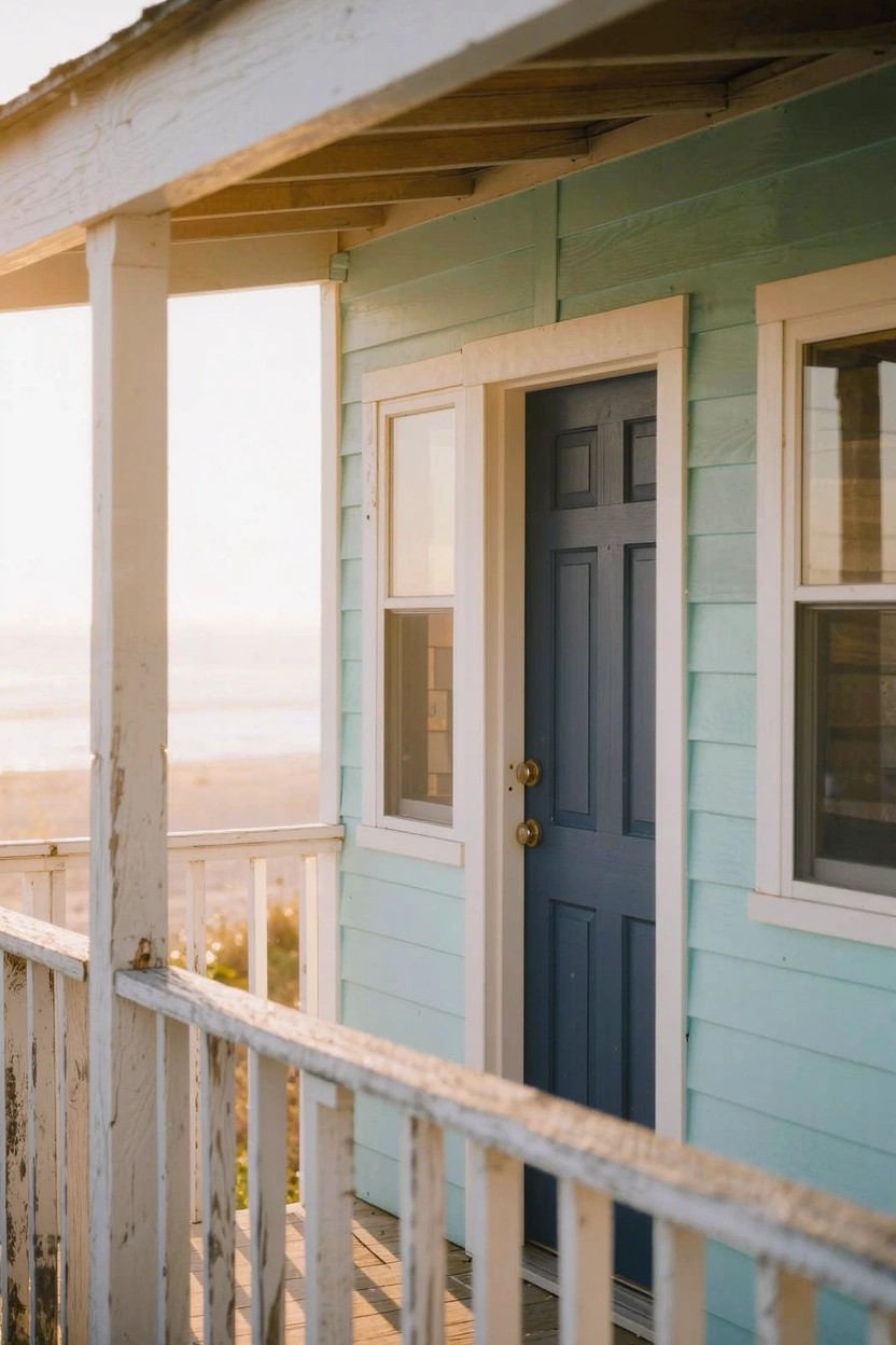Beach cottage exterior with pale seafoam green siding, white porch posts and railing, navy blue front door, and ocean view in soft sunlight