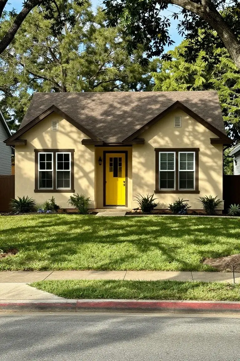 Charming bungalow-style home painted in soft warm beige with white trim, a bright yellow door, and landscaped front yard under oak trees