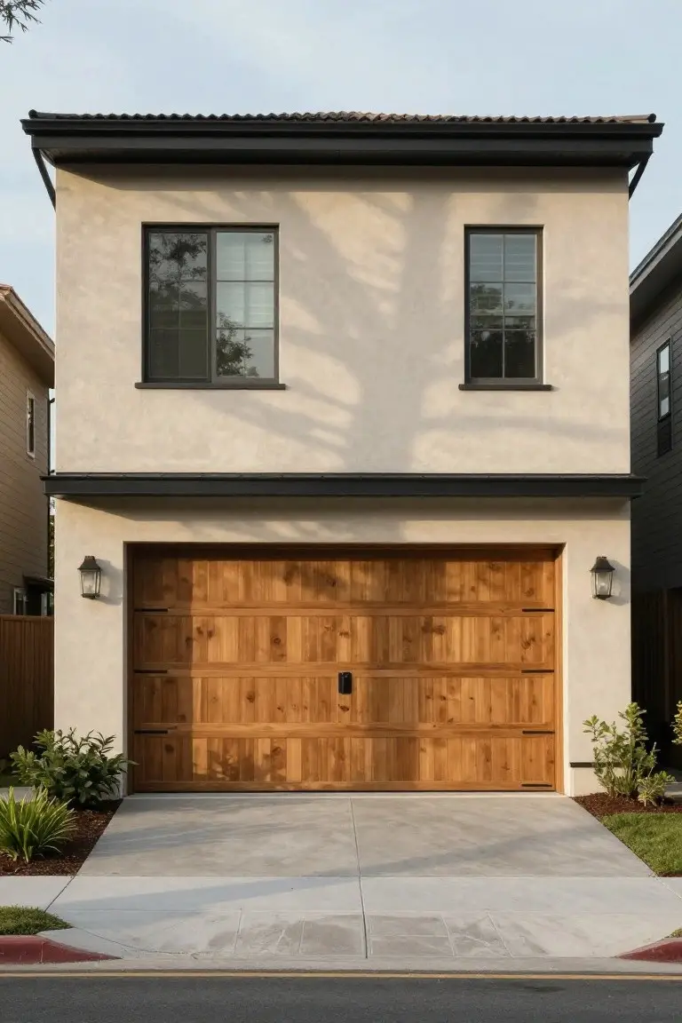 Two-story modern home featuring warm beige stucco walls paired with a rich wood garage door and dark roof trim