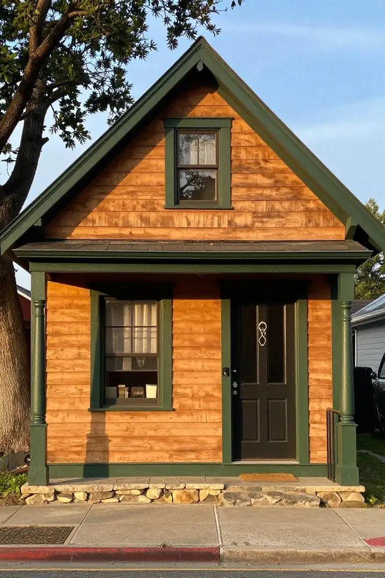 Small wood-shingled cottage with warm brown siding, dark green trim around windows and porch, and black front door beside a tree