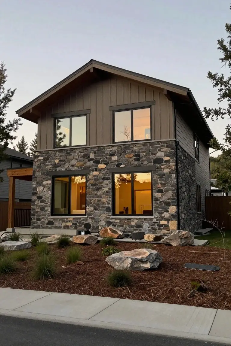 Two-story modern home with warm dark gray siding, stone base, and glowing windows at dusk