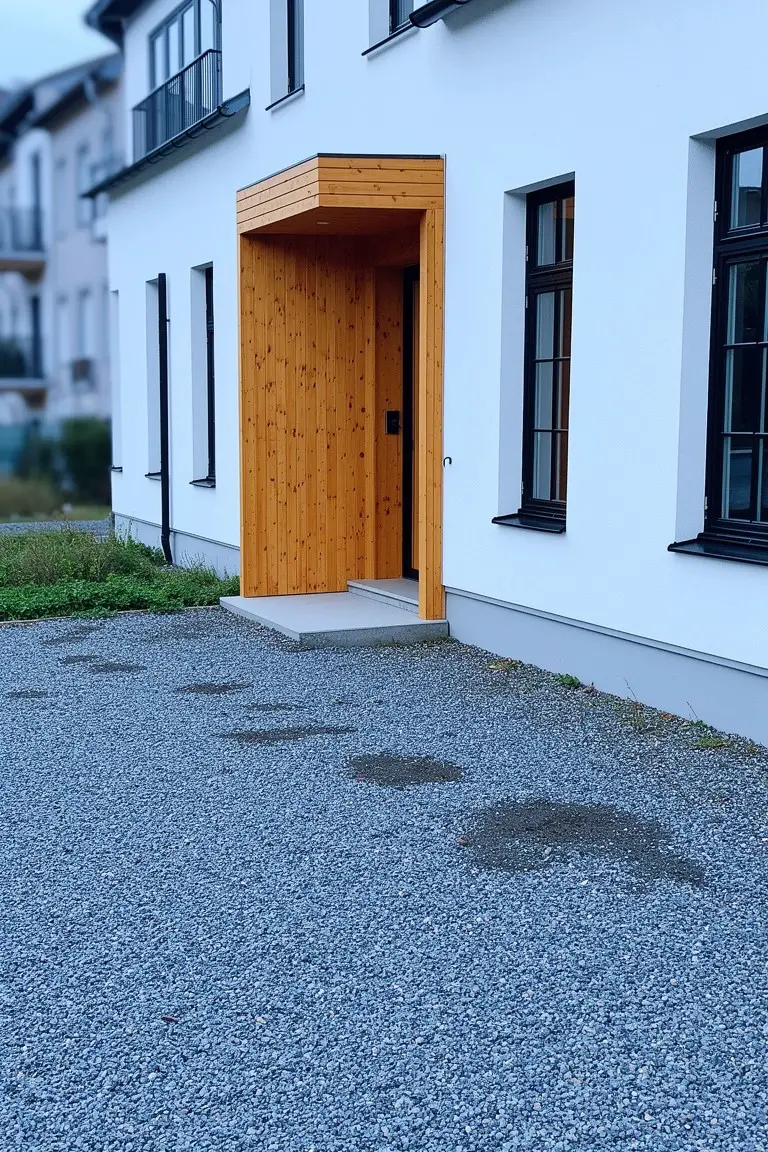 White house exterior with warm wood entry canopy and door, black window frames, and gravel driveway