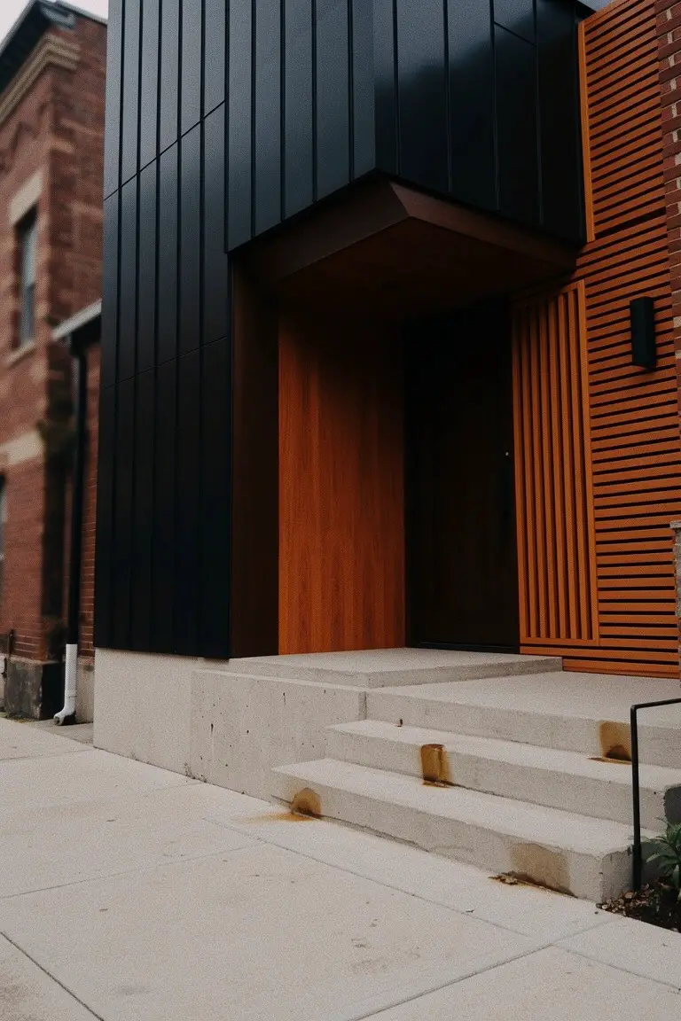 Modern row house exterior featuring deep black metal siding paired with warm wood door framing and accents on concrete steps