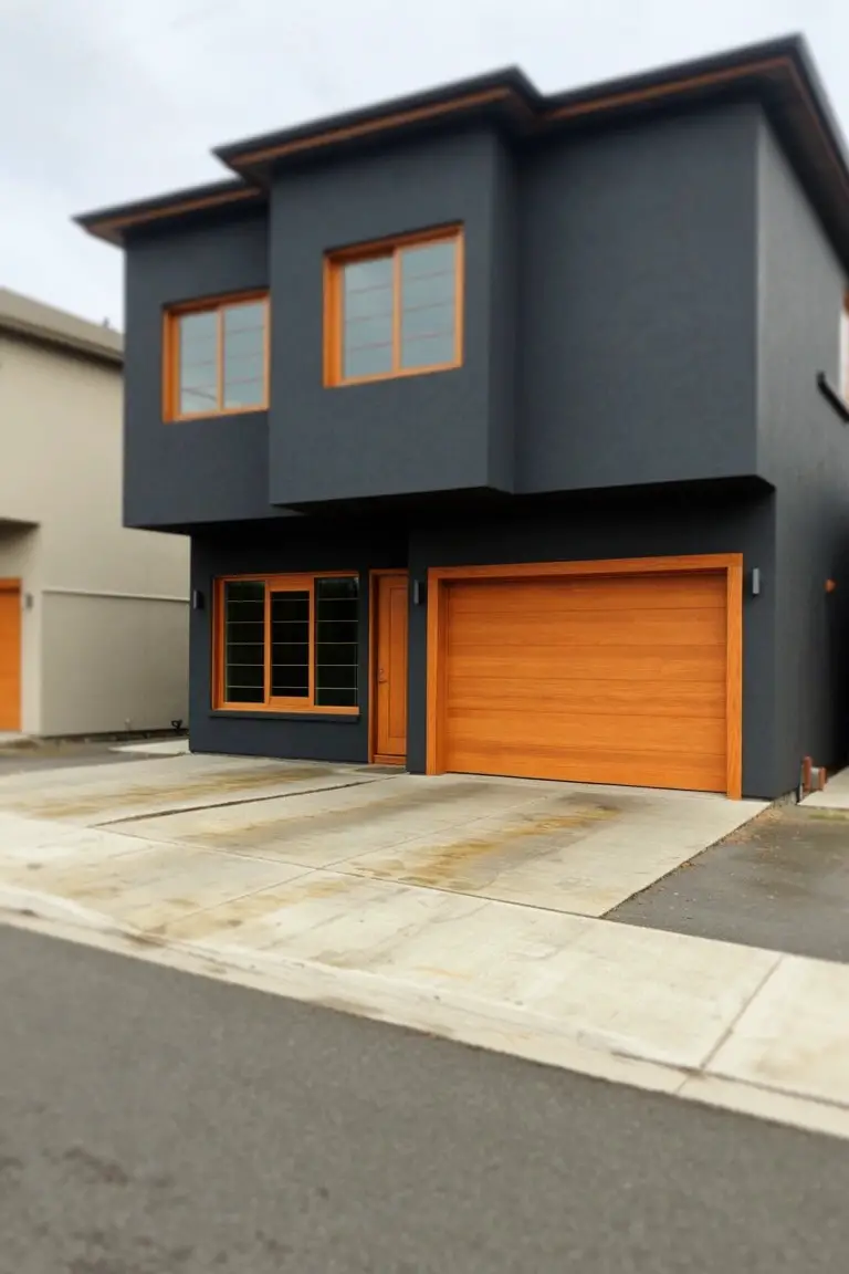 Modern home exterior in deep charcoal gray with orange wood garage door and window frames
