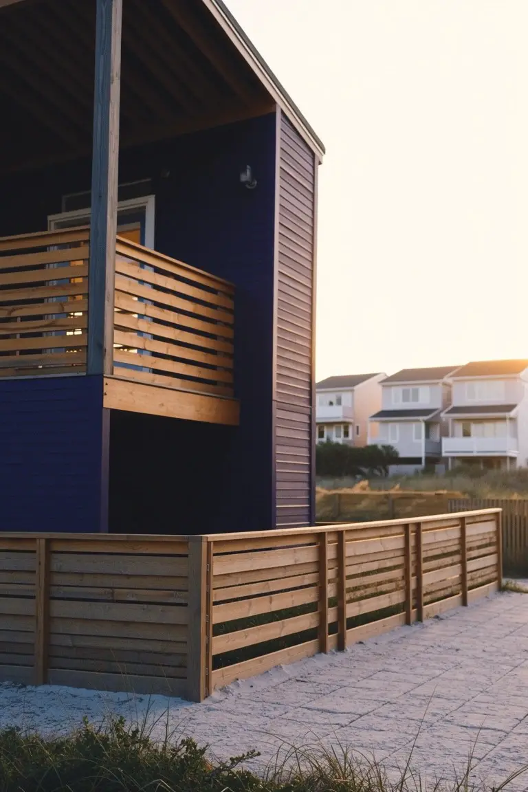 Beach house exterior painted deep purple with light wood balcony, railing, and fence accents on a sandy patio