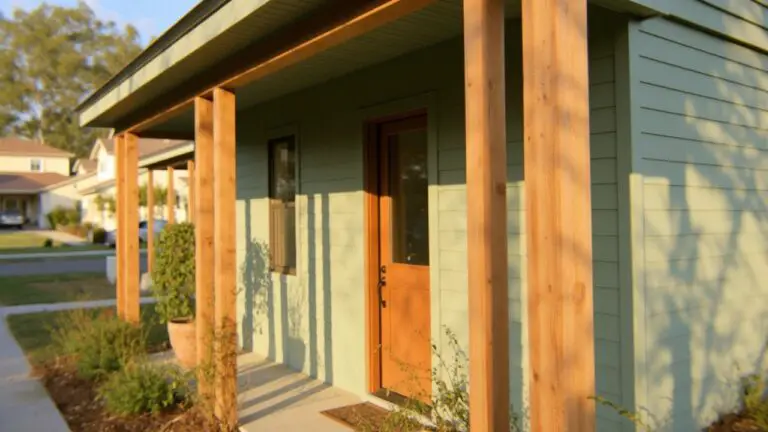 Sage green house exterior with warm wood porch columns, door, and potted plants