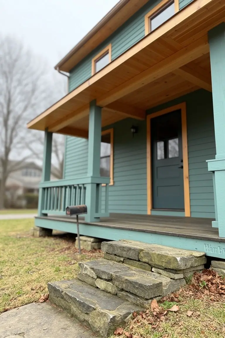 Muted sage green house siding with warm wood porch accents and stone entry steps