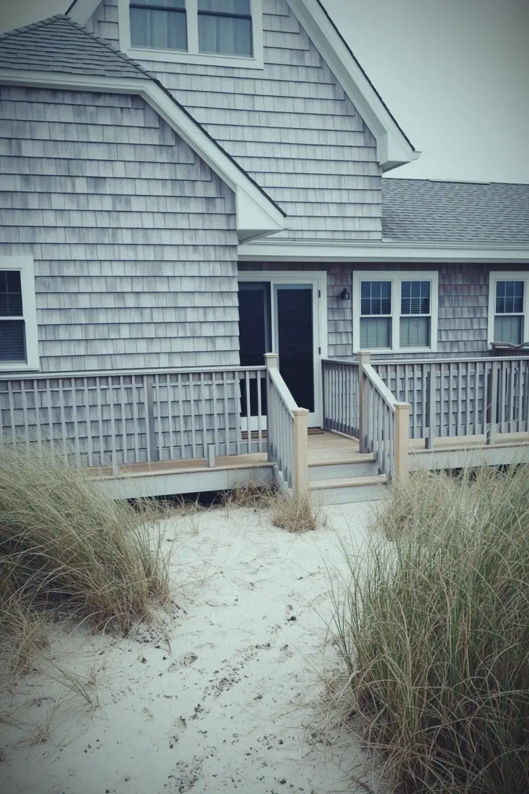 Beach house with soft gray shingle siding and natural wood deck accents