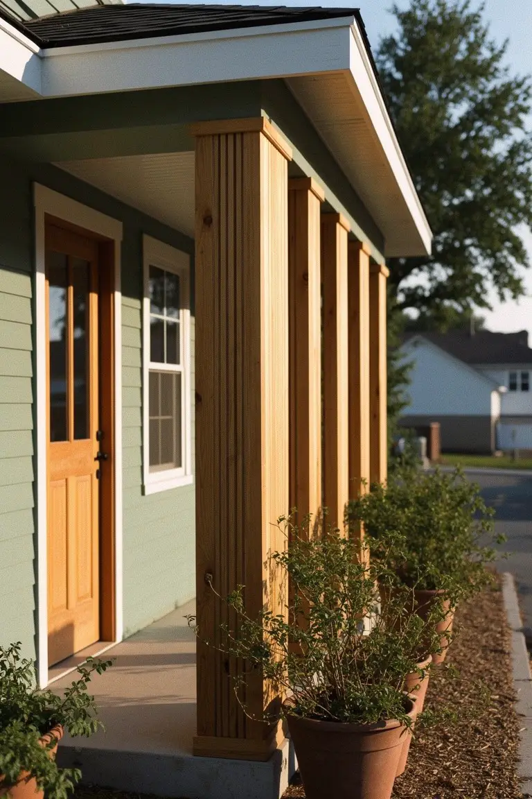 Sage green house exterior with warm wood porch columns, door, and potted plants
