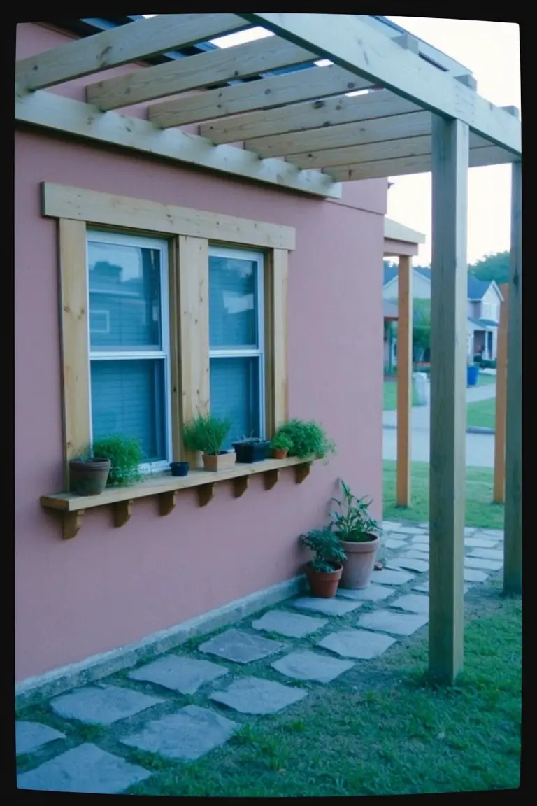Terracotta pink house exterior wall with double windows, herb pots on wooden shelves below, pergola with wooden beams overhead, stone path, and potted plants in front