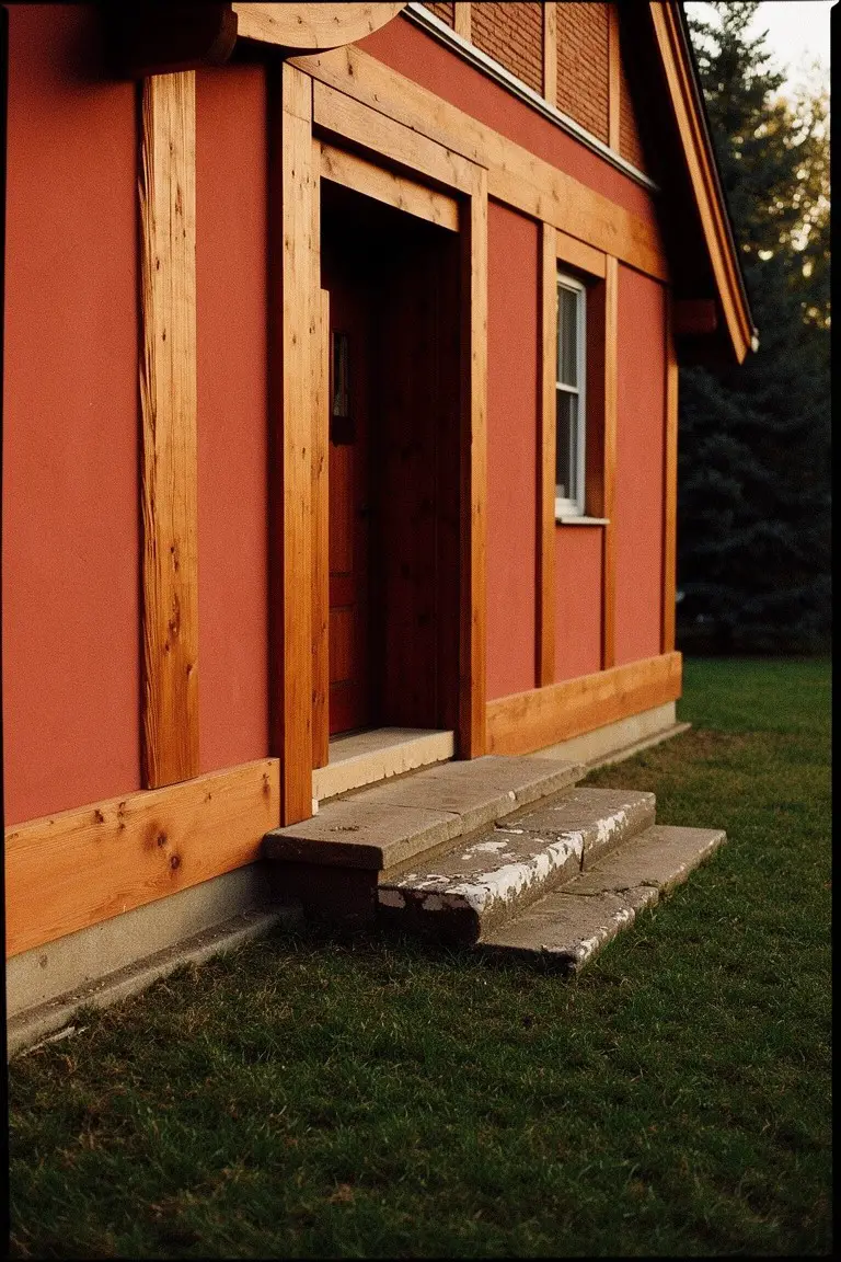 Rustic barn red cabin siding with natural wood door frame, window trim, and steps leading to open entryway