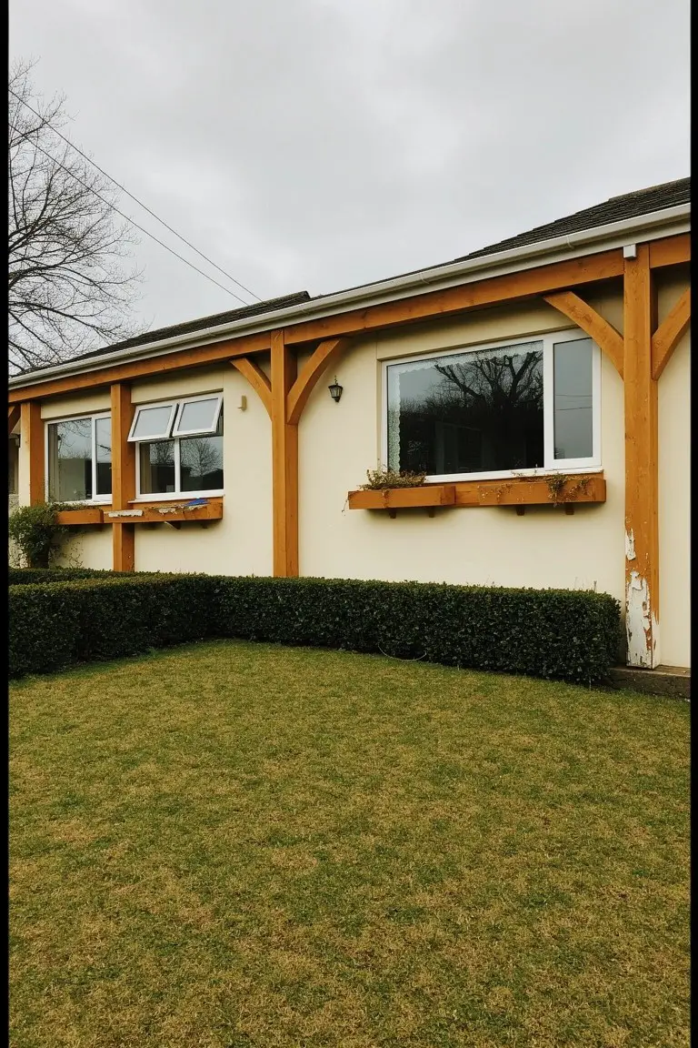 House exterior in soft warm beige paint with timber window frames, planters, and lawn