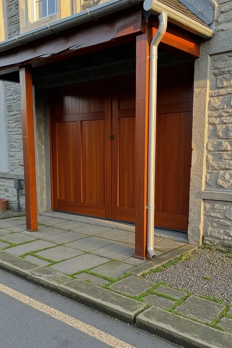 Stone-walled garage with warm brown wooden plank doors, timber support posts, and a white metal downspout on a paved driveway