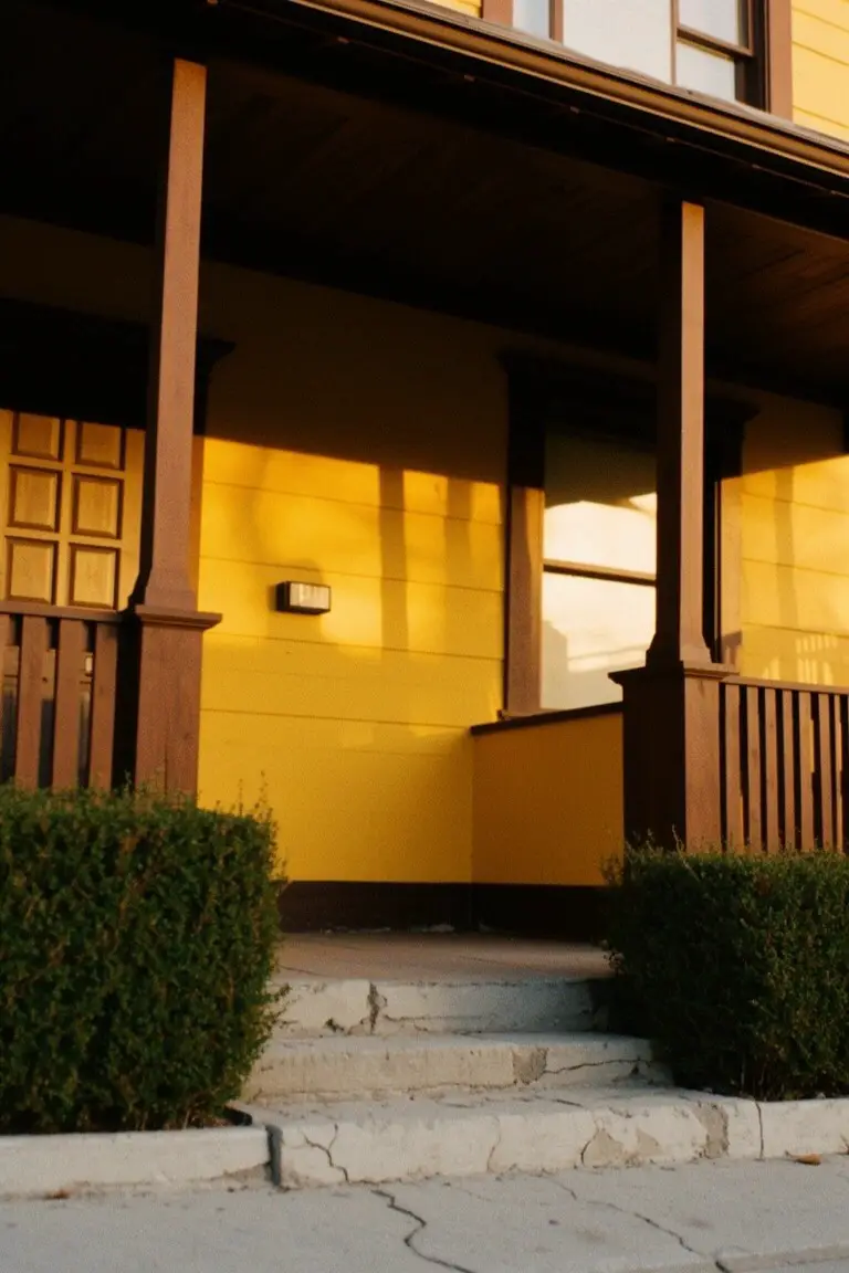 Sunny golden yellow house siding with dark wood porch columns, flanked by boxwood shrubs and concrete steps