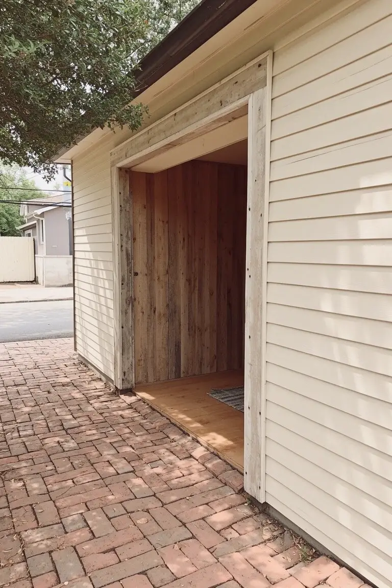 Light beige wood-sided garage with open door revealing interior wood accents and brick walkway in front