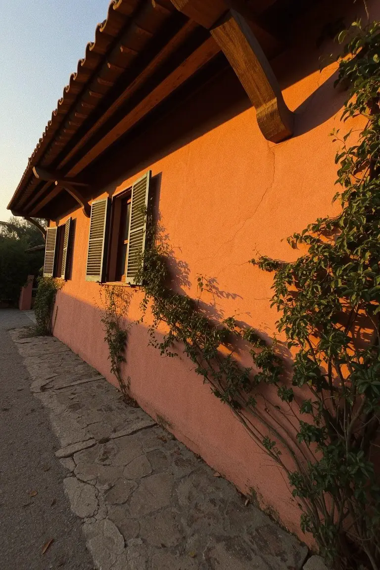Warm terracotta stucco exterior wall with wooden roof brackets and climbing vines