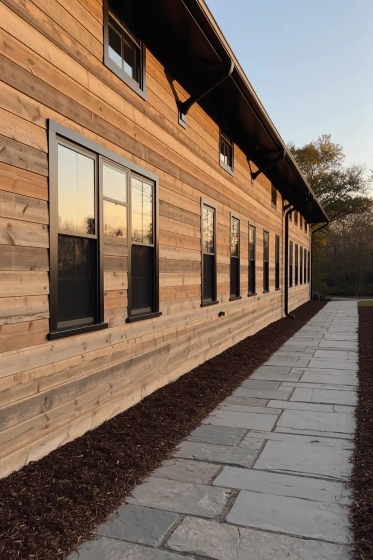Wood-sided house exterior with black window trim, stone pathway, and evening light