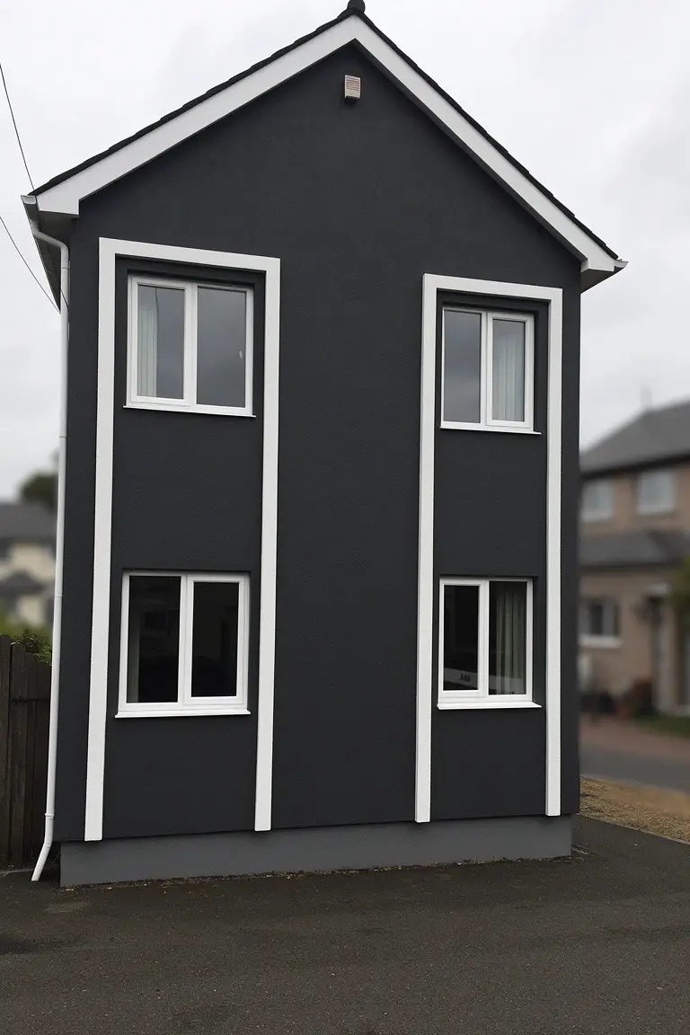 Dark charcoal gray house exterior with crisp white trim framing tall narrow windows and vertical edges