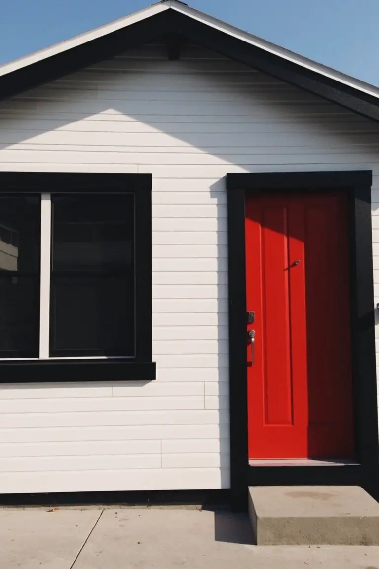 White house with crisp black window and door trim plus a bright red front door