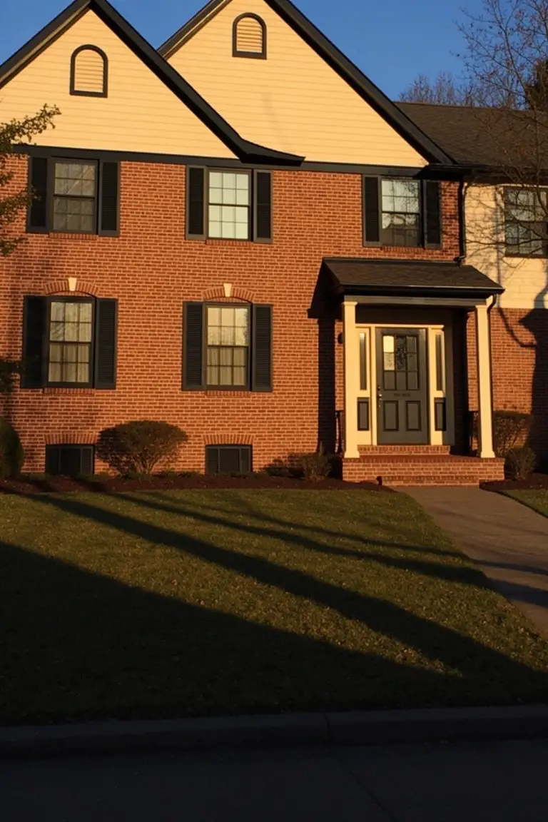 Two-story house with warm beige siding, red brick base, black window trim and shutters, dark front door, and covered porch in late afternoon light