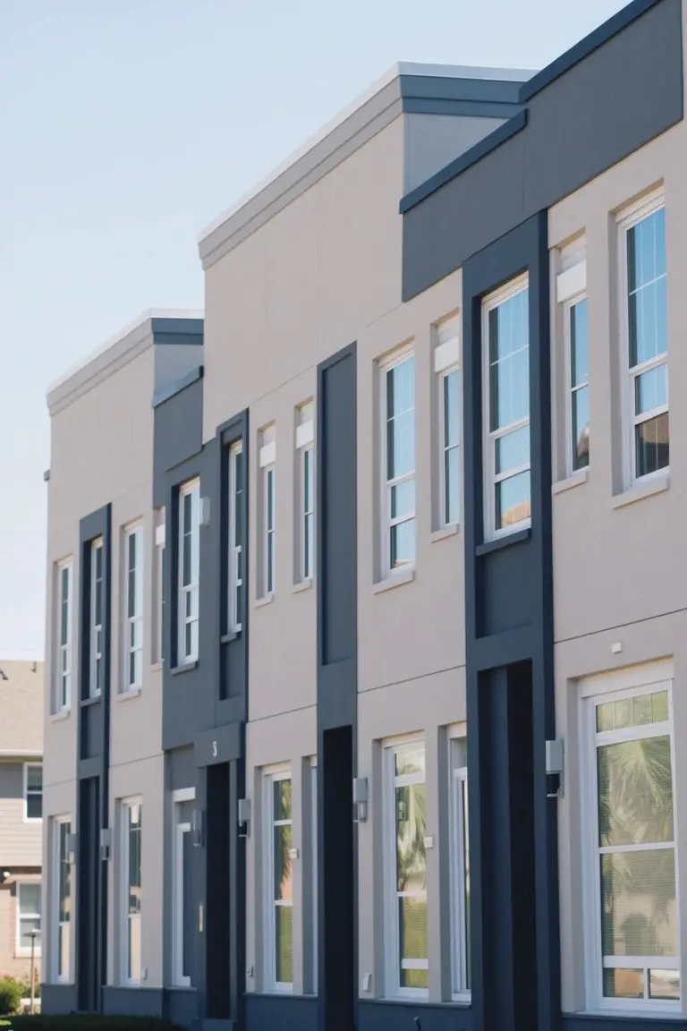 Modern townhomes with light beige siding and bold dark charcoal gray vertical trim panels that stand out sharply