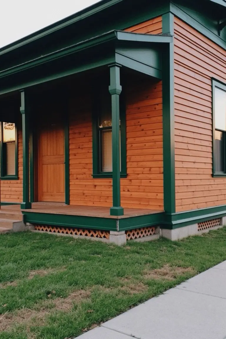 Wood house exterior with deep green trim on porch posts, window frames and foundation skirt against warm orange siding