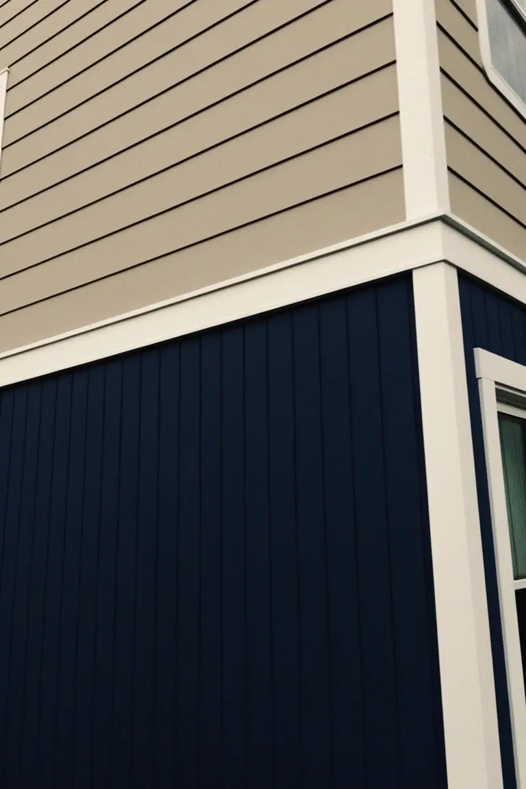 House exterior corner featuring light beige horizontal siding on top, deep navy vertical board-and-batten siding below, and white trim around windows and edges