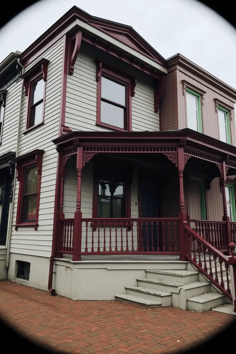 Light gray Victorian house with bold deep red trim on porch railings, brackets, and accents