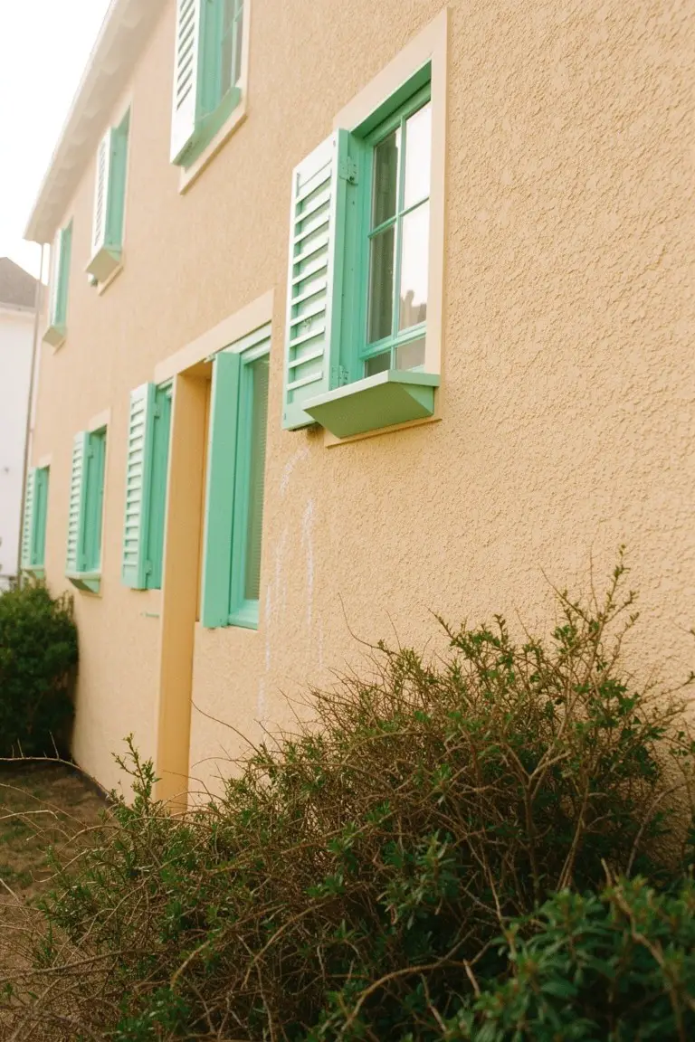 Beige stucco house exterior with pale mint green shutters and door trim