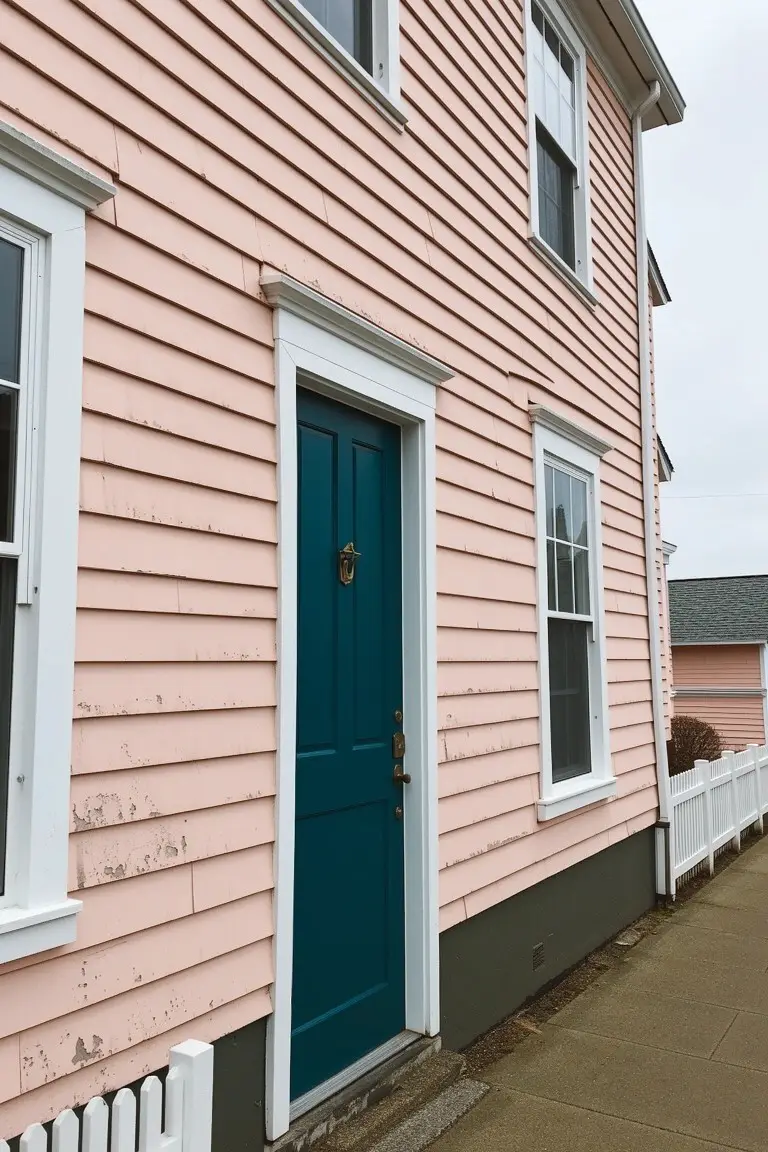 Soft pink clapboard house exterior with deep teal front door and white window trim