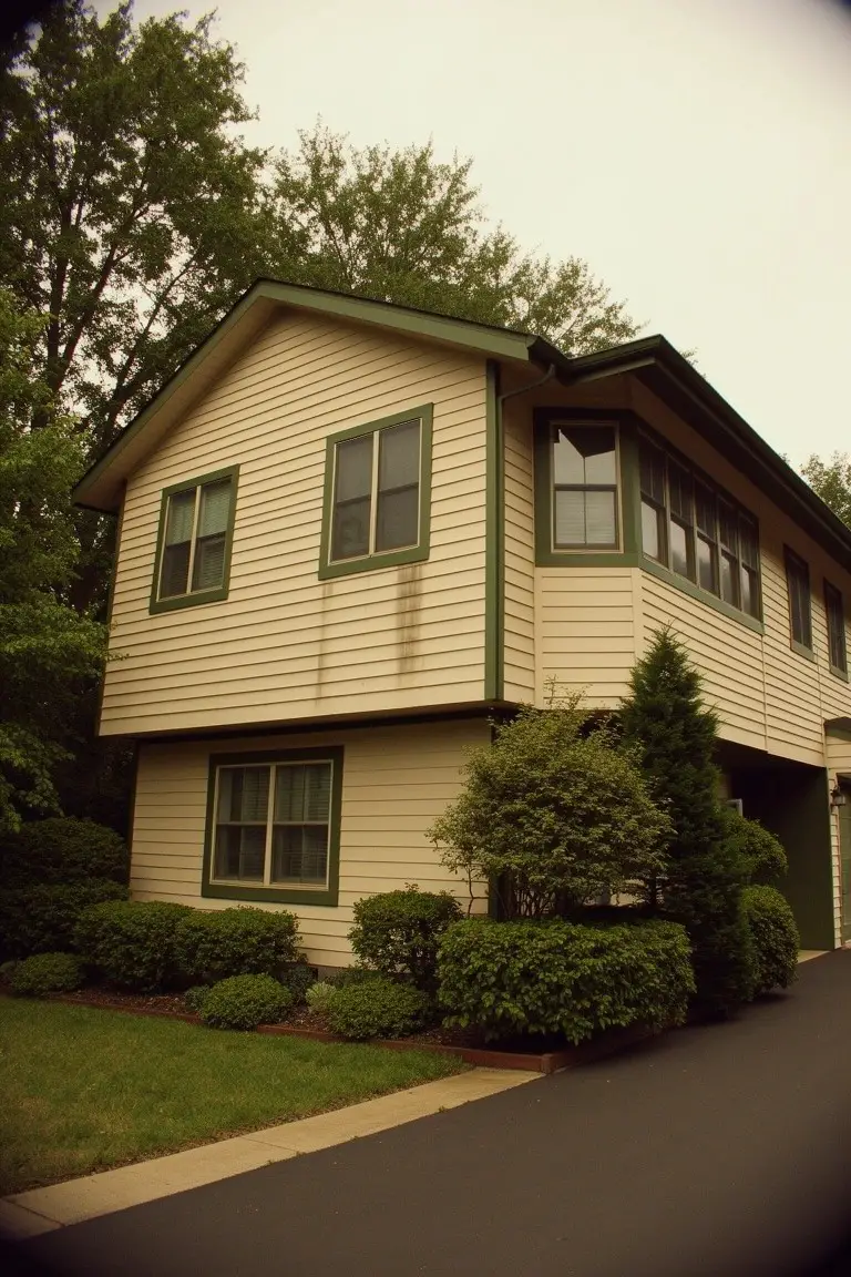 Two-story house with light beige siding and sage green trim on windows and roof edges, set against greenery and a driveway