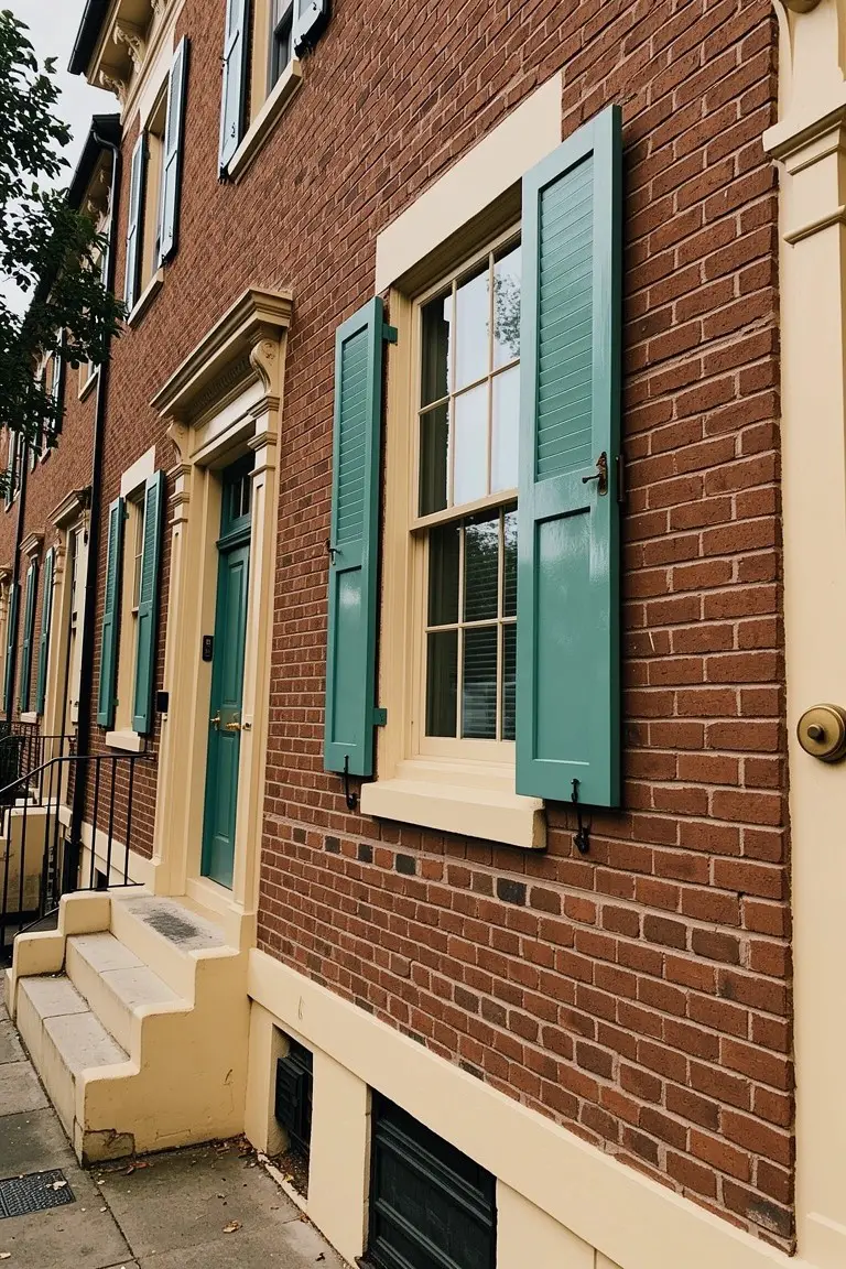 Brick rowhouses with teal shutters, cream window sills, and yellow doors for a colorful exterior trim look