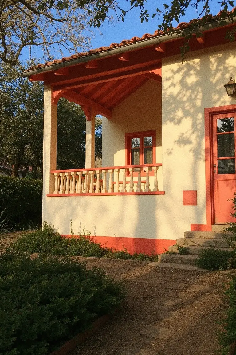 Cozy stucco house exterior with pale cream walls accented by vibrant terracotta red trim on porch, doors, and windows