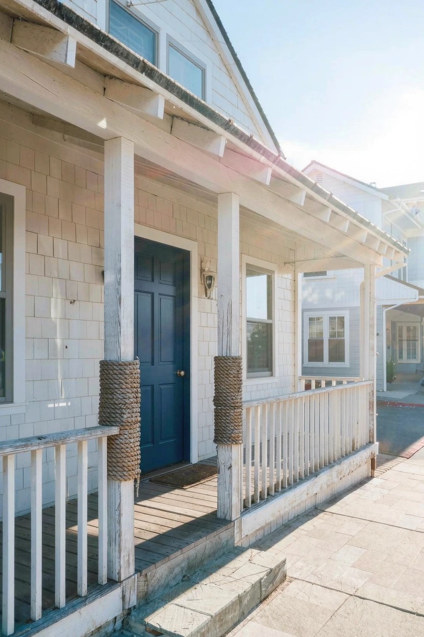 Soft white clapboard siding on a coastal home with navy blue front door and white porch, bright sunny day