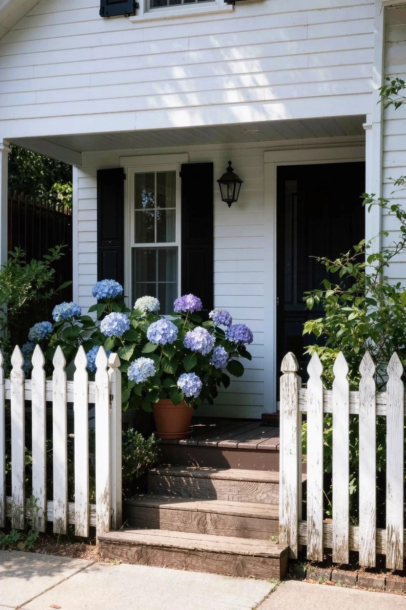 White clapboard house with large blue hydrangeas in a pot, black front door and shutters, and white picket fence