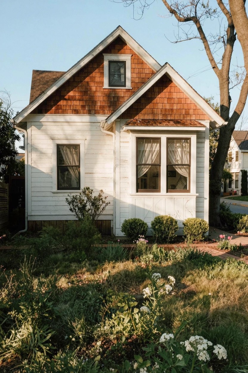Cozy house with crisp white clapboard siding and red shingle roof, highlighting a light white exterior paint for airy charm