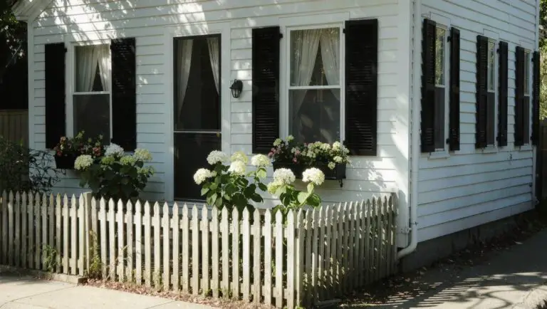 White clapboard house with large blue hydrangeas in a pot, black front door and shutters, and white picket fence