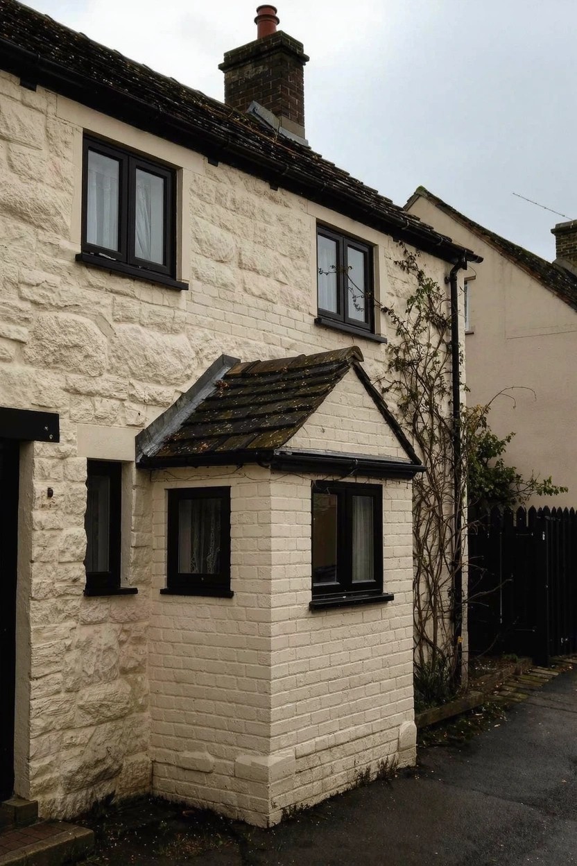 Quaint beige stone cottage exterior with creamy light walls, black-framed windows, and a small porch under overcast skies