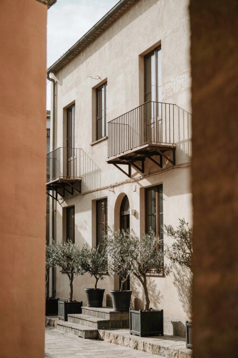 Warm beige stucco exterior with balconies, olive trees in pots, and stone steps in a narrow sunlit alley