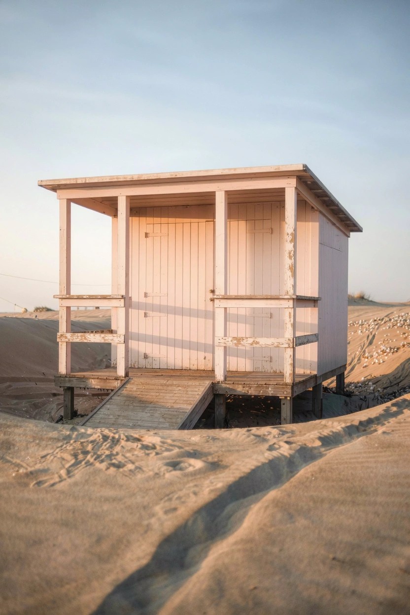 Small beachside cabin with pale pink wooden siding and porch, set on sandy dunes with a ramp leading up