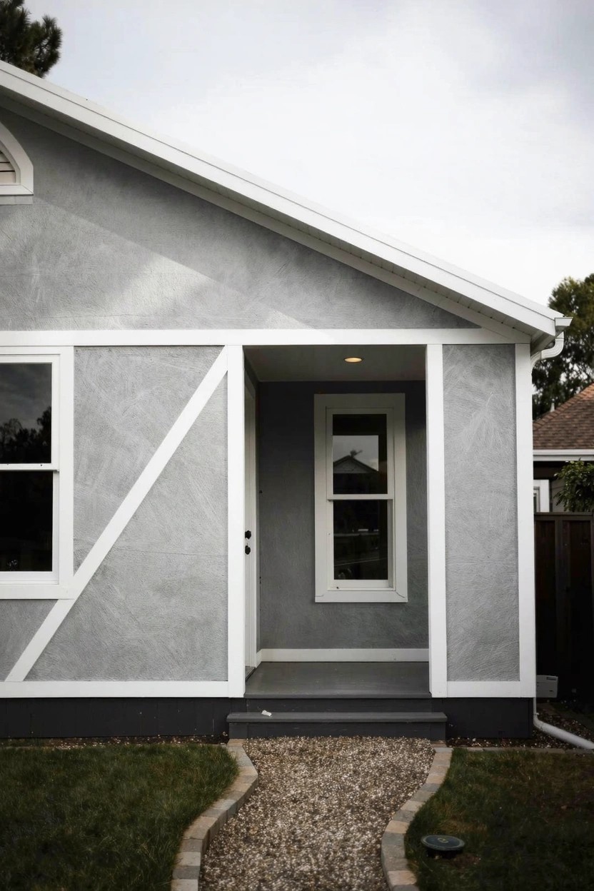 Pale gray house exterior with white trim, black base, and stone path to the door