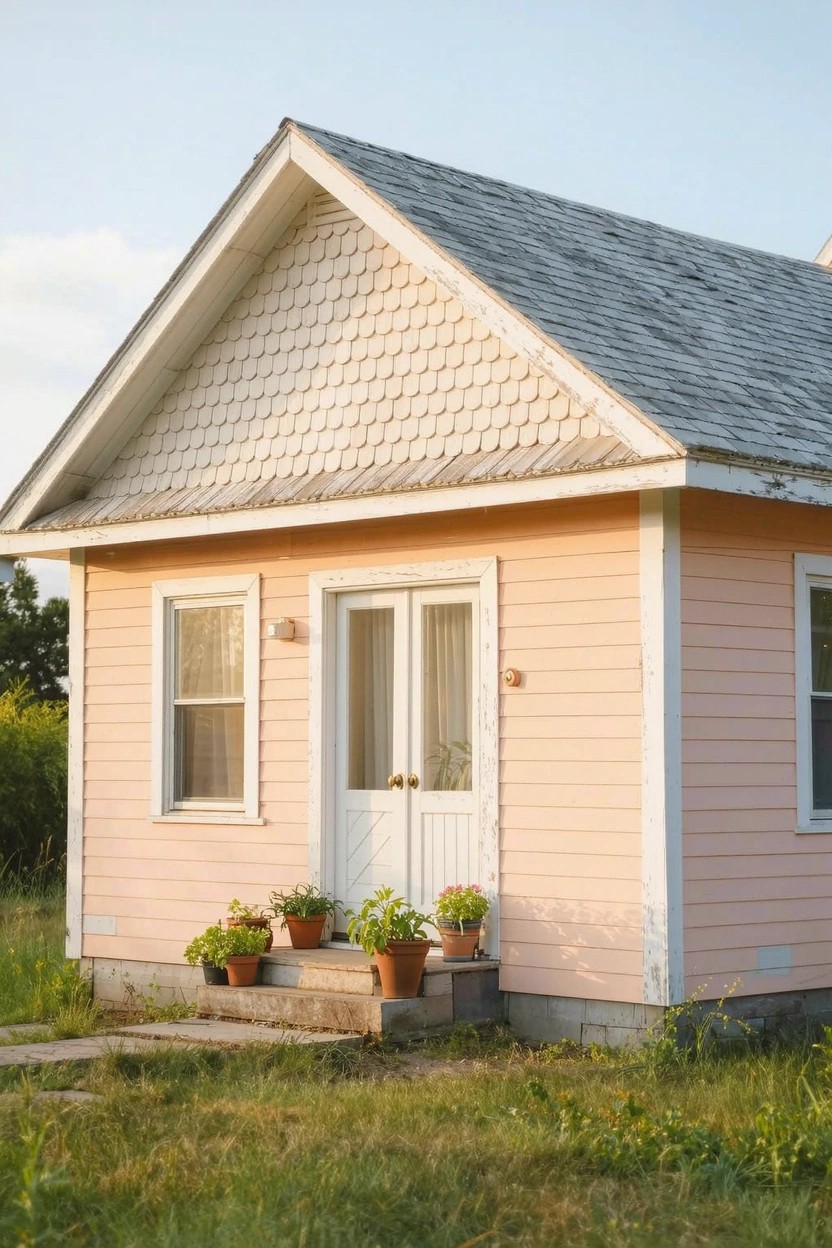Small cottage painted pale pink with white trim, double doors, potted plants on front steps, and grassy yard