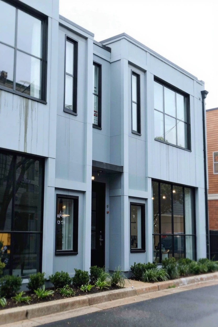 Modern home exterior with light cool gray siding, large windows, and low landscaping along the street