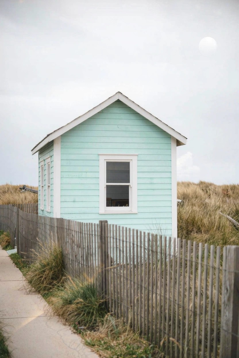 Small light turquoise beach shack with white window frames, wooden fence, and surrounding dunes under a cloudy sky
