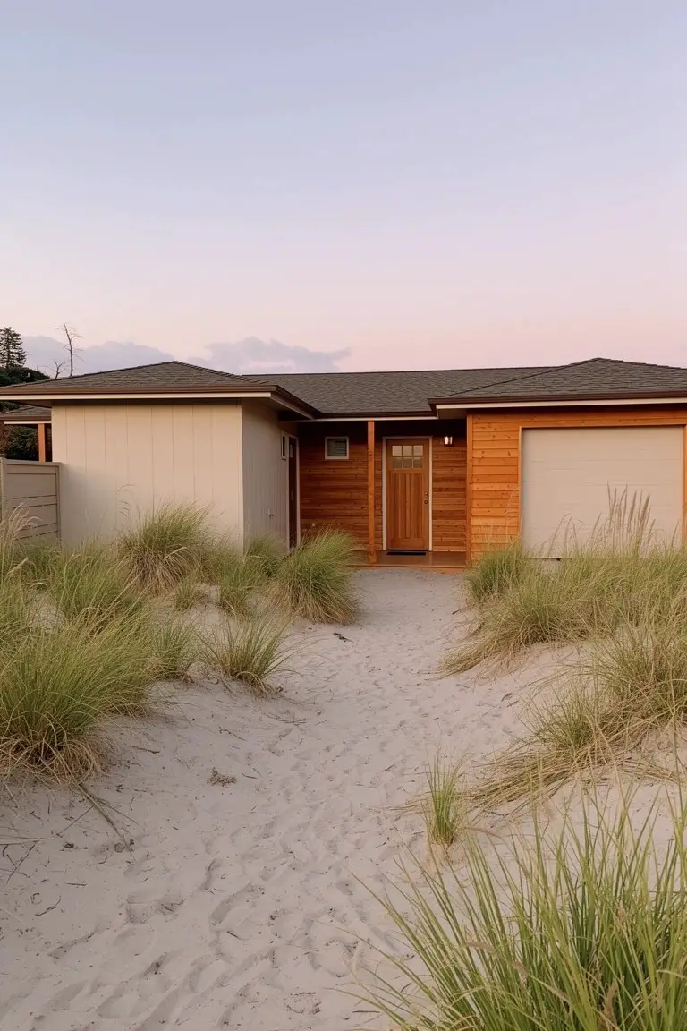 Modern beach house exterior with soft beige siding, wooden door and garage, sand path through dune grass at dusk