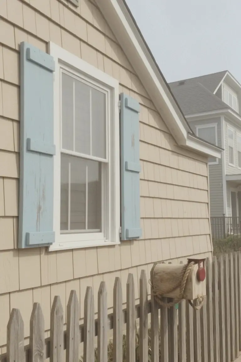 Beige shingle house exterior with light blue shutters, white window trim, wood picket fence, and red mailbox