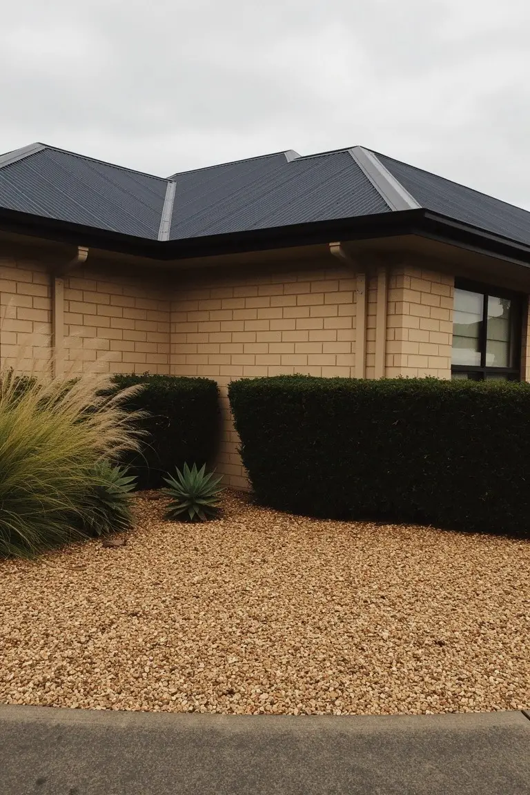 Warm beige brick house corner with dark metal roof, neat hedges, and gravel landscaping