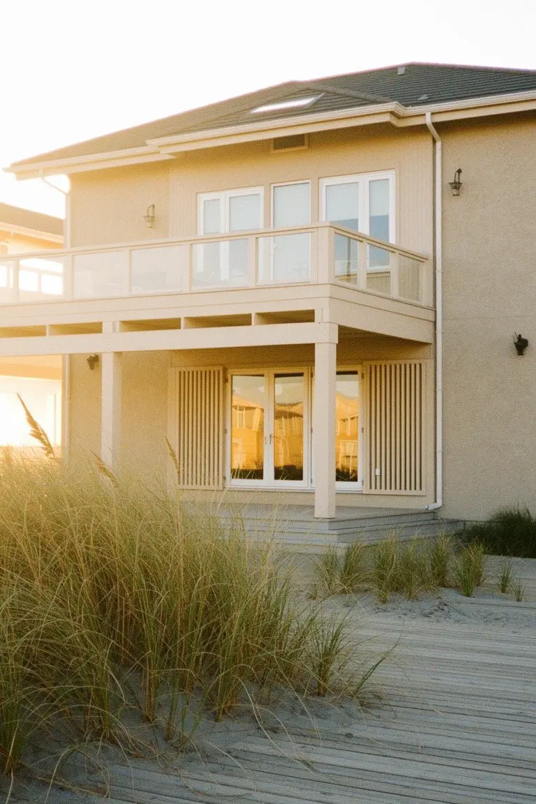 Beach house exterior in soft warm beige stucco with balcony, white trim, wood deck, and dune grass nearby