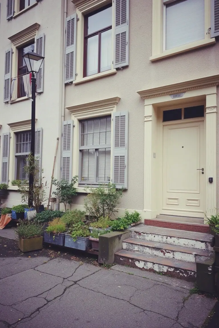 European-style townhouse exterior in warm beige with green shutters, pale door, plants, and stone steps
